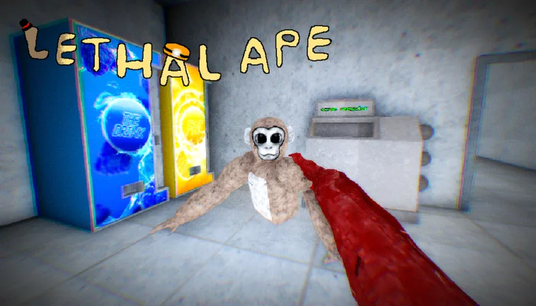 An ape walking through a monster-filled Lethal Ape laboratory